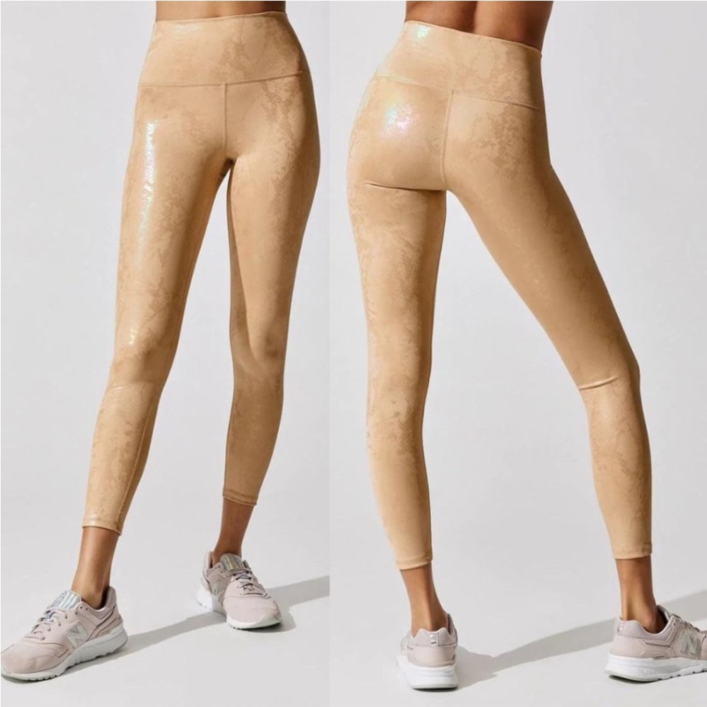 New Carbon38 Small Beige Gold Metallic Snake Print High Rise 7/8 Leggings